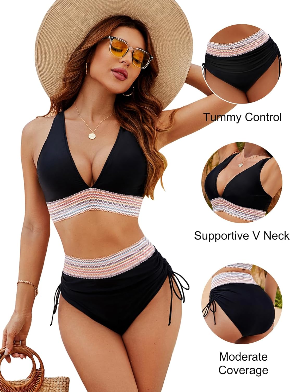 Black bikini promotional panel with a body-control claim and close-up views of its bands and coverage.