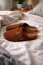 Brown open-back clogs with wide straps and metal buckles.
