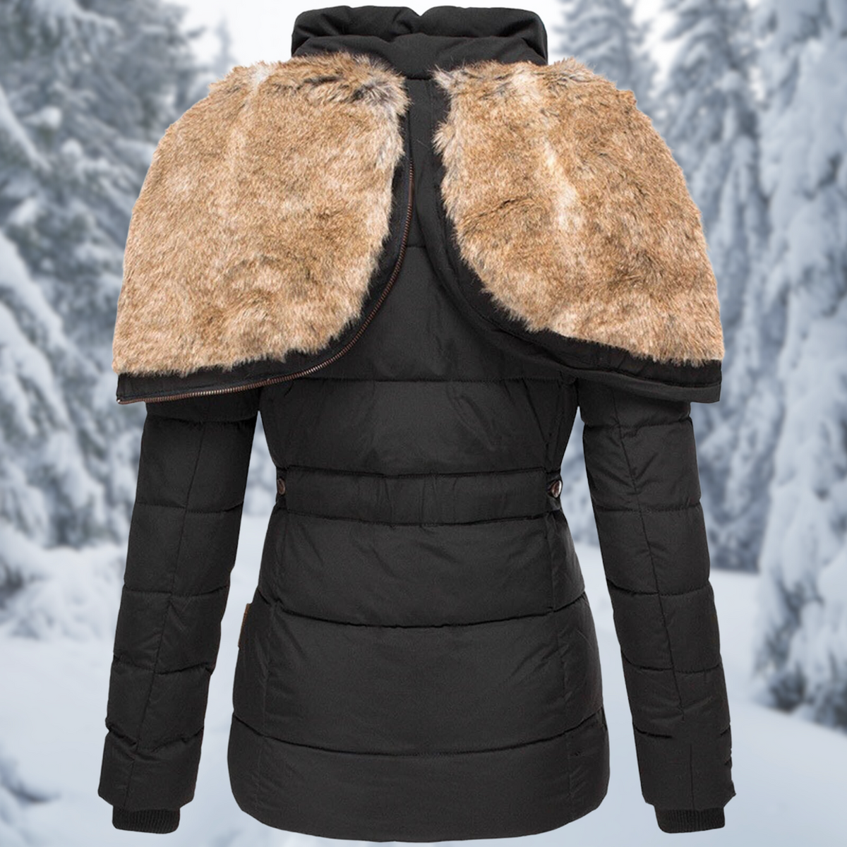 Black quilted jacket with its hood opened flat to reveal a tan plush lining.