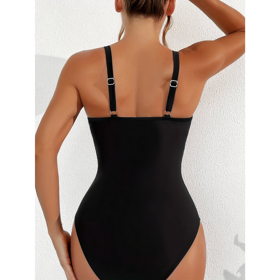 Rear view of a black swimsuit with adjustable shoulder straps.