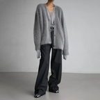 Grey button-front cardigan with dropped shoulders and long sleeves.