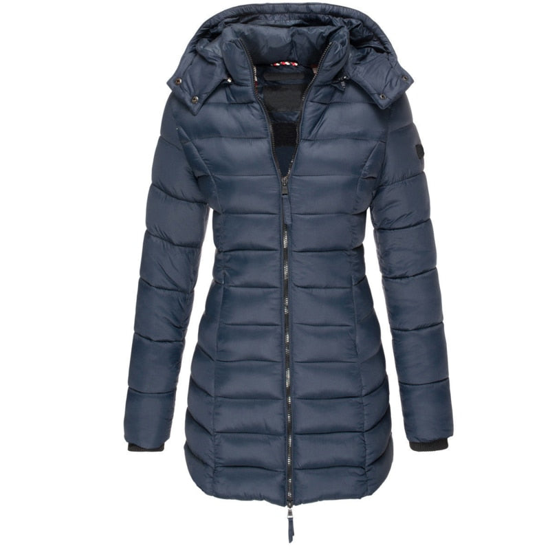Navy longline hooded jacket with horizontal quilting and a zip front.