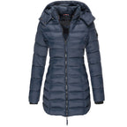 Navy longline hooded jacket with horizontal quilting and a zip front.