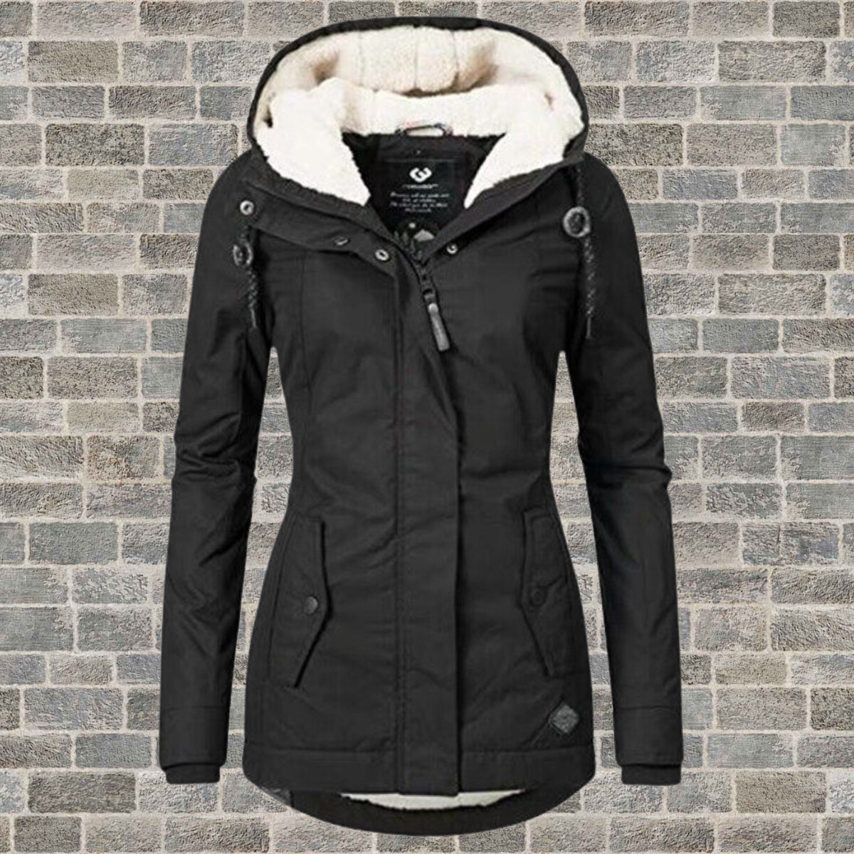 Black hooded coat with a cream lining, front placket and curved rear hem.