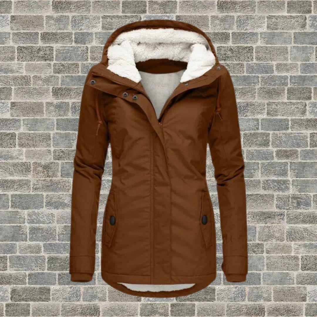 Brown hooded coat with a pale lining and long sleeves.