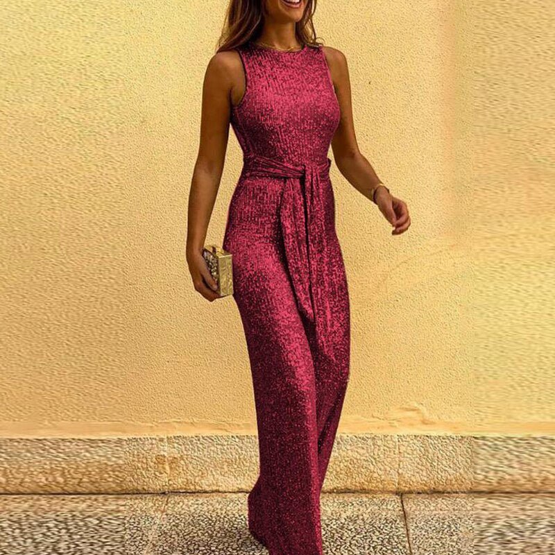 Red sequin jumpsuit shown from the front with wide legs and a waist tie.