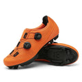 Orange cycling shoes with a lugged sole shown underneath.