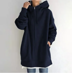 Navy-blue long hoodie with a front zip and side pockets.