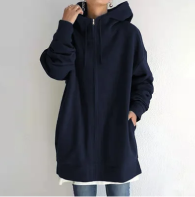 Navy-blue long hoodie with a front zip and side pockets.