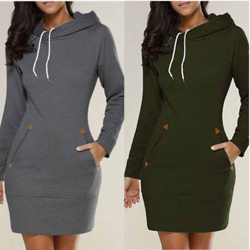 Dark grey and green Hagia hoodie dresses shown side by side.