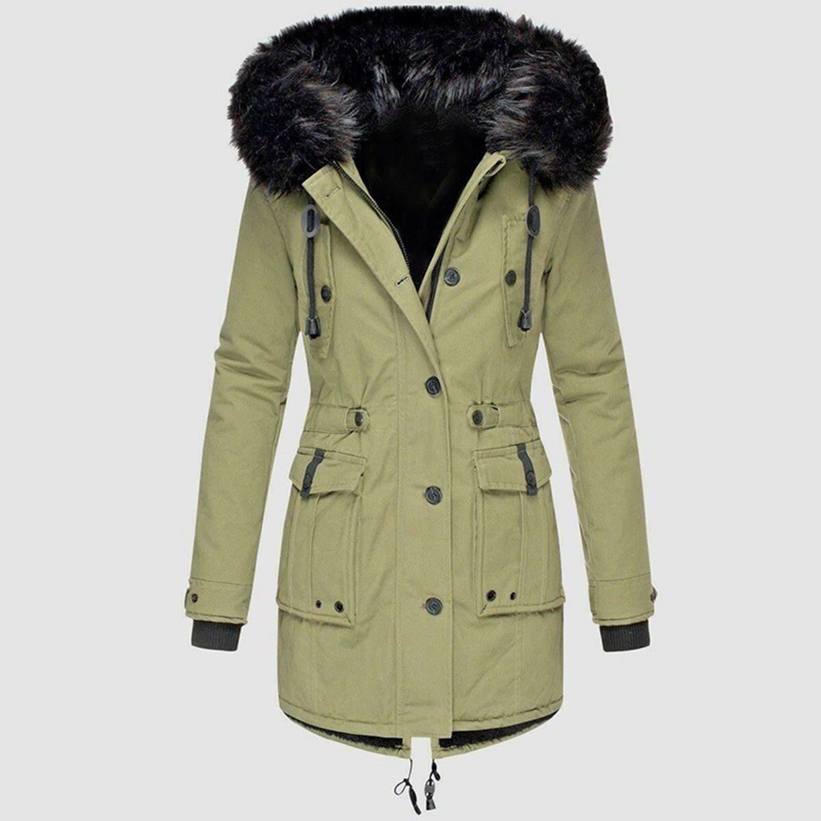 Light green parka with a dark hood trim, front placket and gathered waist.