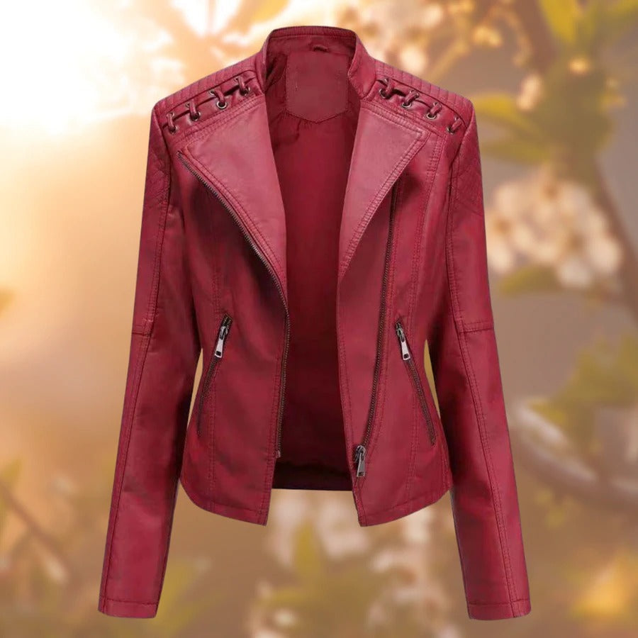 Dark red jacket with laced shoulder panels and zip pockets.