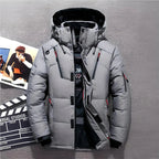 Grey hooded jacket with dark trim and multiple zipped pockets.