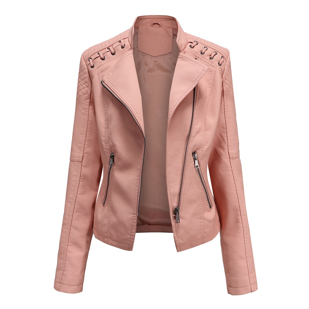 Rose-pink leather-look jacket with zip pockets and stitched sleeve panels.