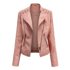 Rose-pink leather-look jacket with zip pockets and stitched sleeve panels.