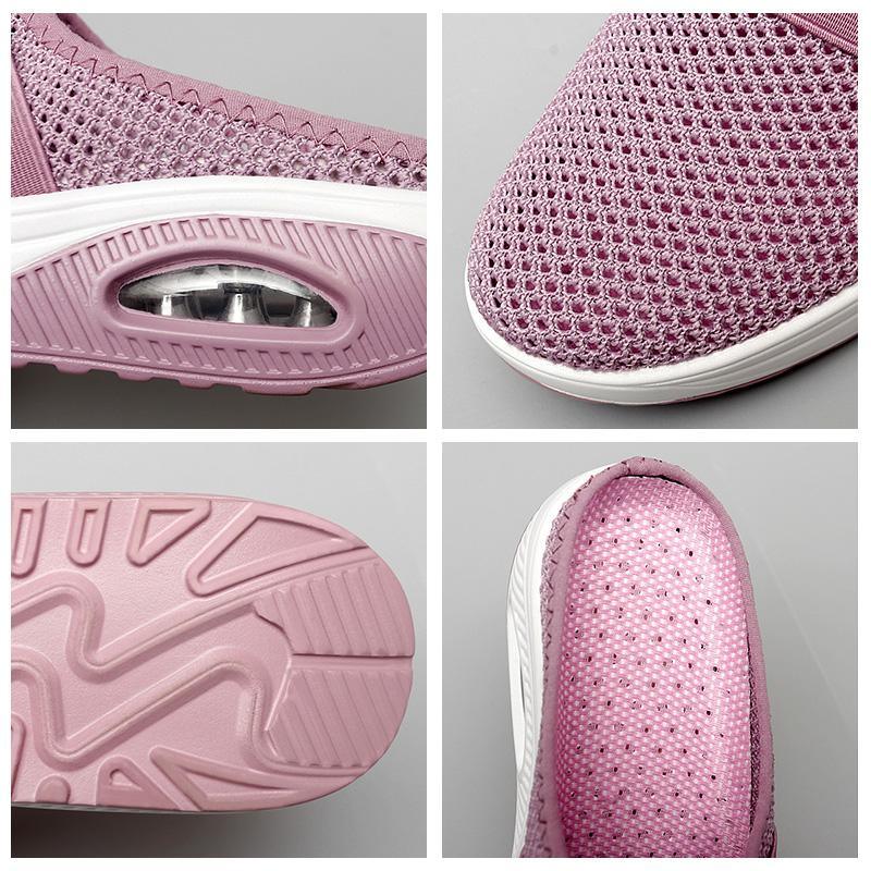 Detail collage showing the pink shoe mesh, heel insert, patterned sole and inner footbed.