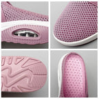 Detail collage showing the pink shoe mesh, heel insert, patterned sole and inner footbed.