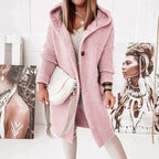 Pink long hooded cardigan with dark front buttons.