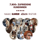 Promotional collage with German text claiming 7,800+ satisfied customers, five stars and magazine names above women carrying bags.