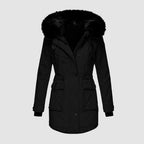 Black jacket shown from the front with a lined hood.