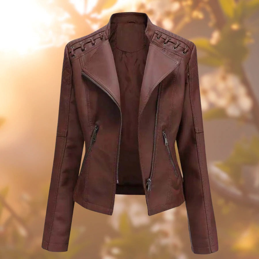 Dark brown jacket with laced shoulders and zip pockets.