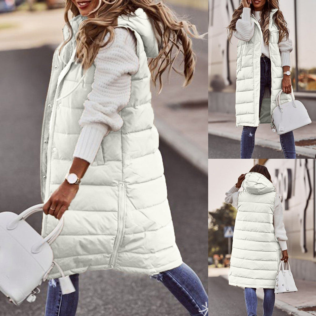 White long quilted gilet shown from the side, front and back.