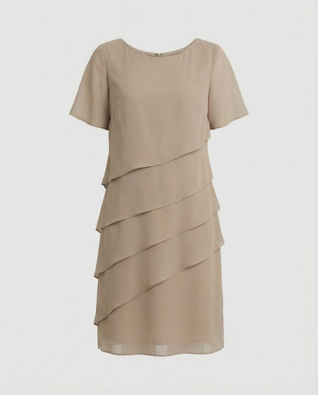 Khaki short-sleeve dress with diagonal layers displayed without a model.