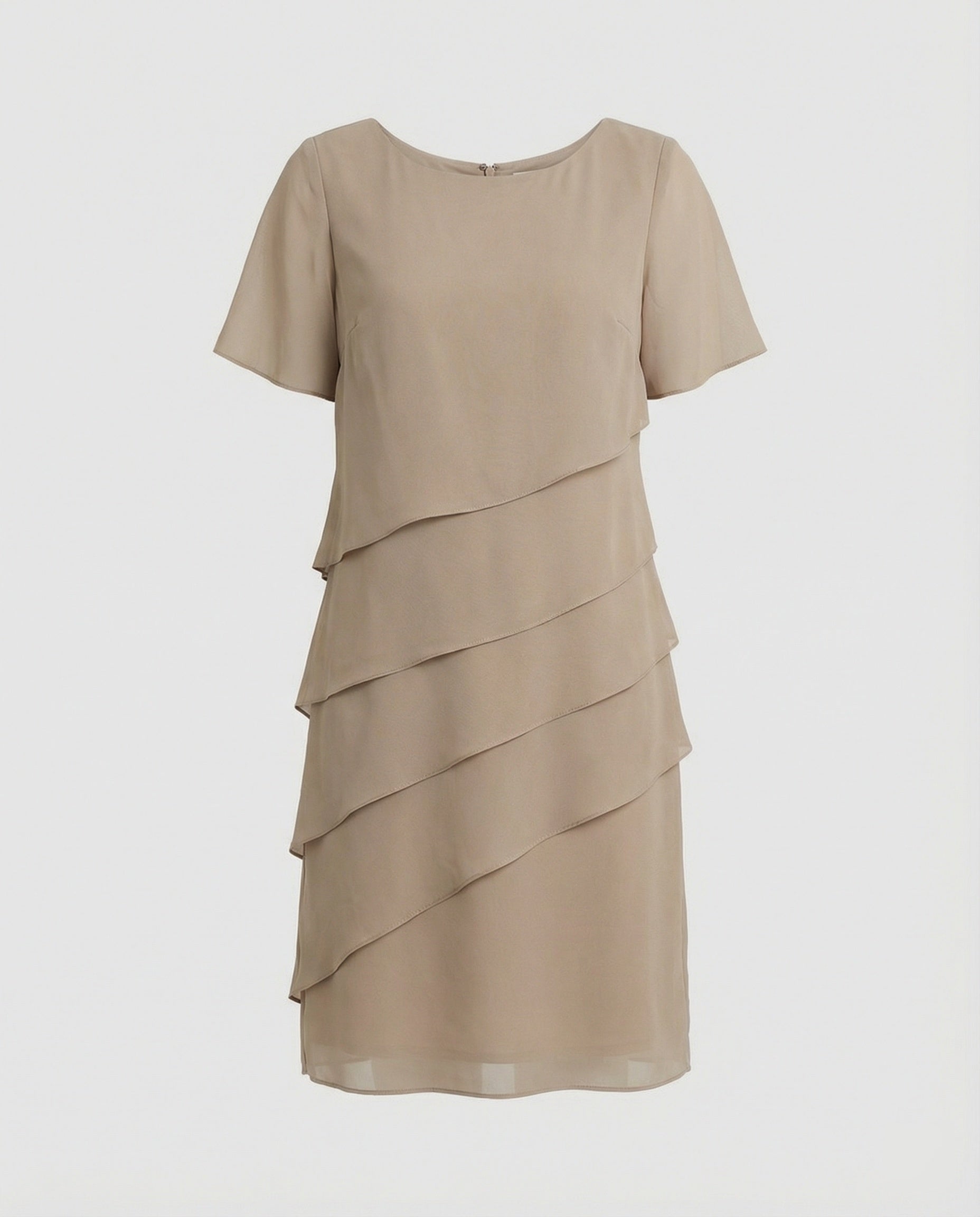 Khaki short-sleeve dress with diagonal layers displayed without a model.