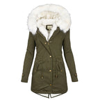 Green hooded jacket with a light-coloured hood edge and button front.