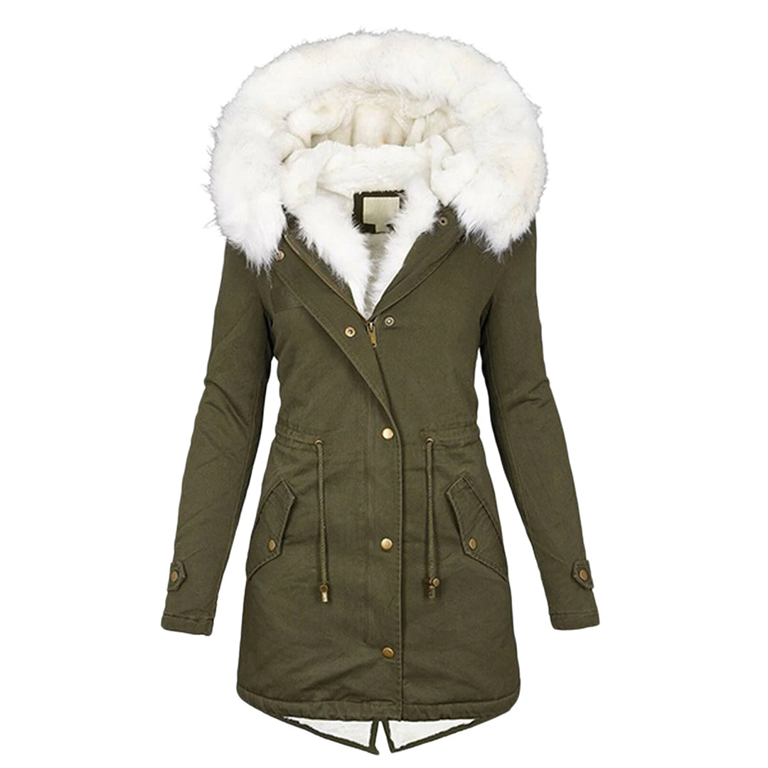 Green hooded jacket with a light-coloured hood edge and button front.