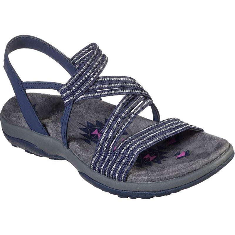 Blue striped-strap sandal shown from the front and side.