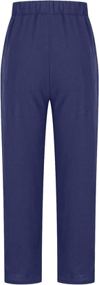 Rear view of dark blue trousers.