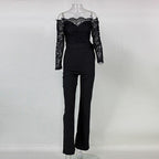 Black off-shoulder lace jumpsuit displayed on a mannequin.