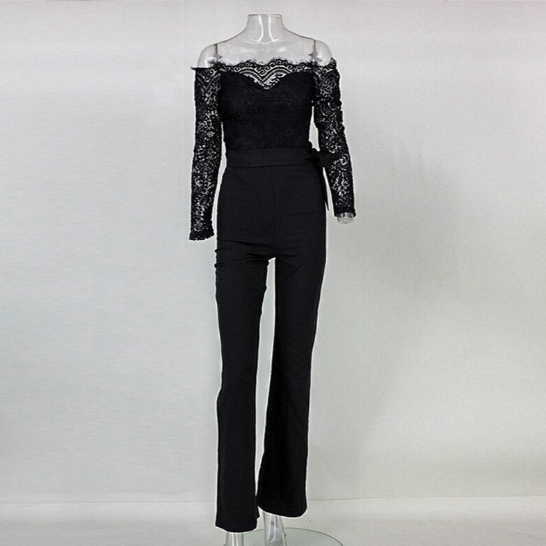 Black off-shoulder lace jumpsuit displayed on a mannequin.