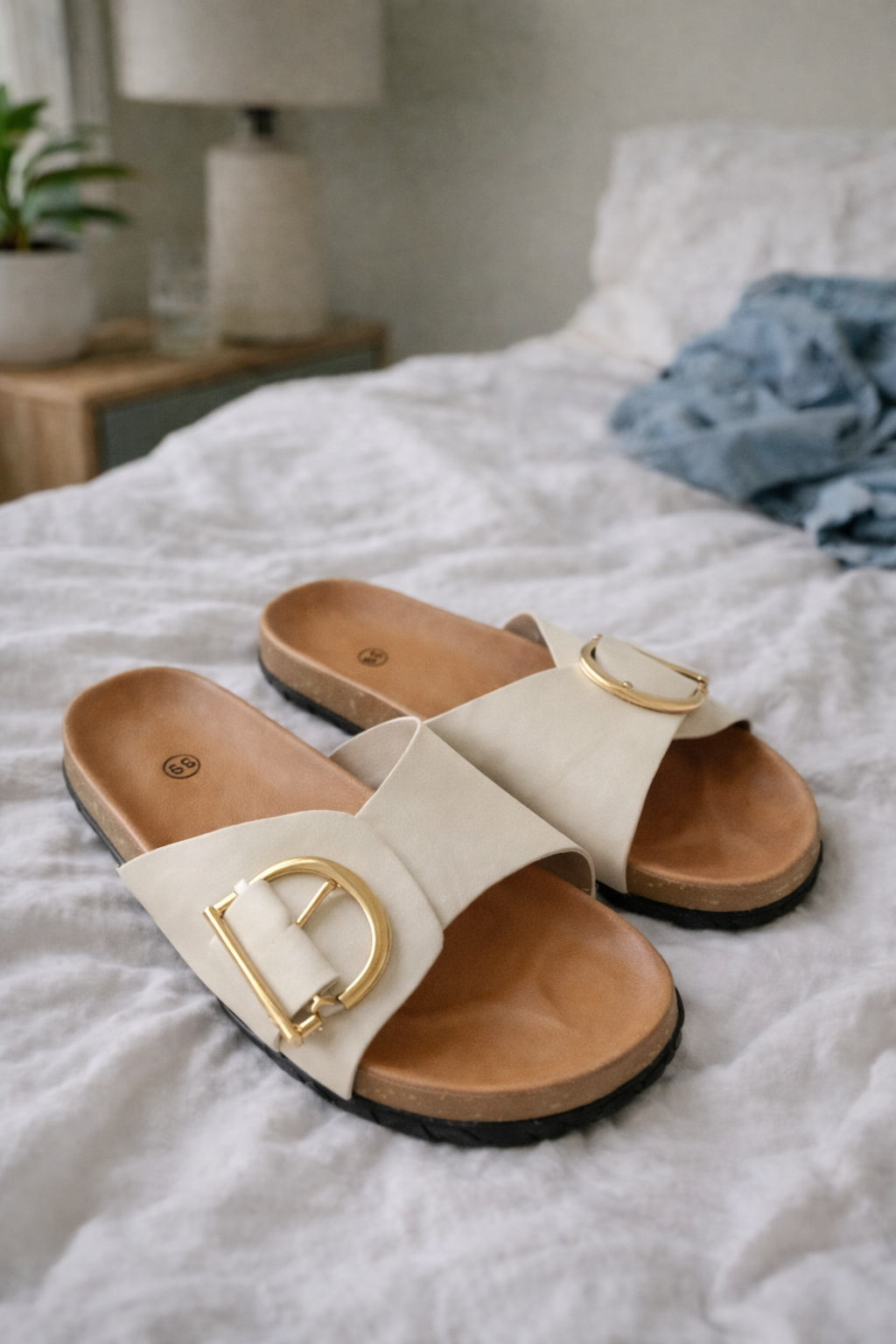 Beige slides displayed with broad crossed-look straps and metal details.