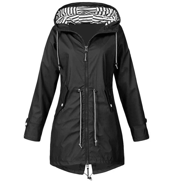 Black hooded coat with long sleeves, slanted pockets and waist cords.
