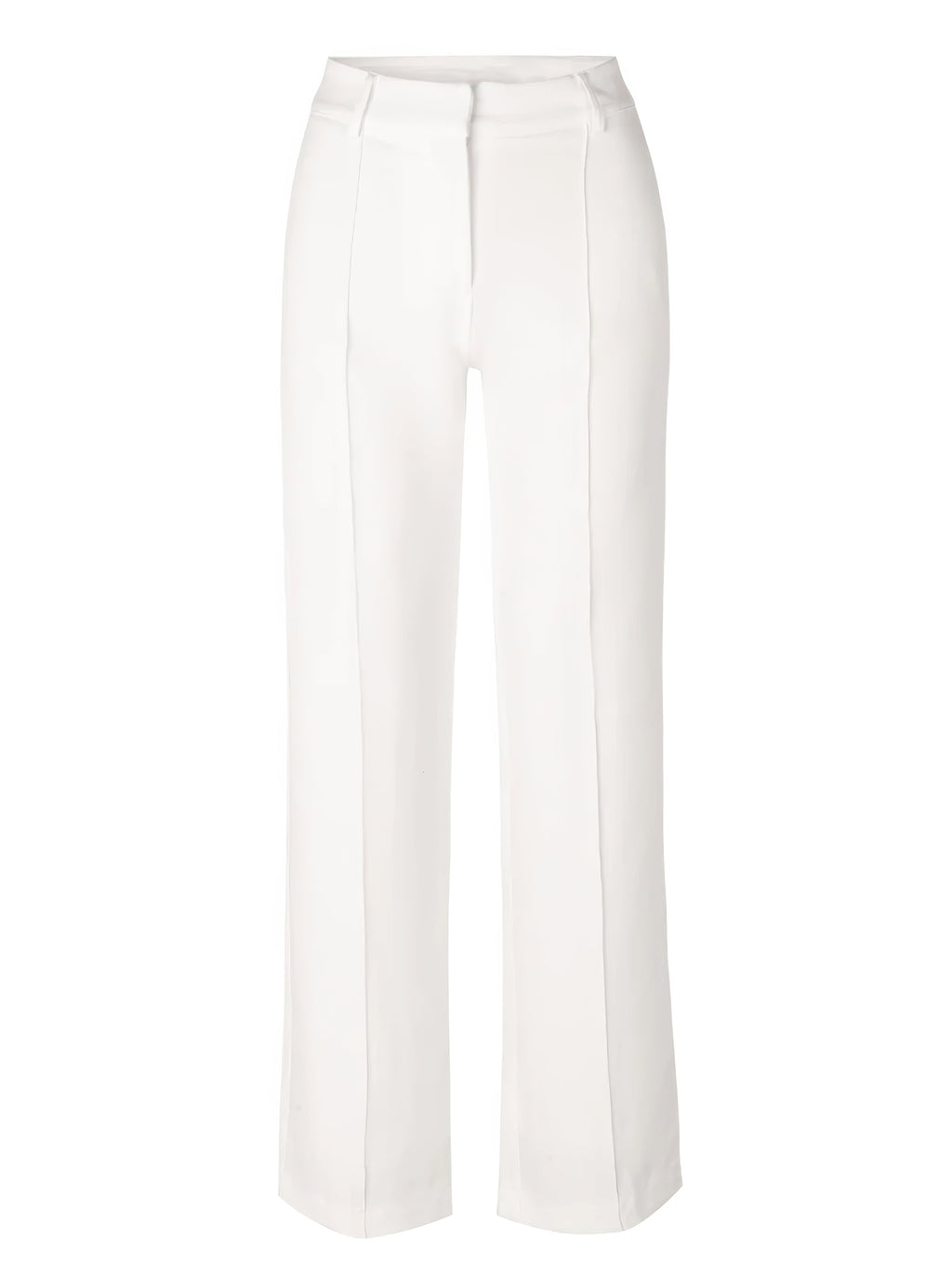 White trousers with a plain waistband and wide full-length legs.