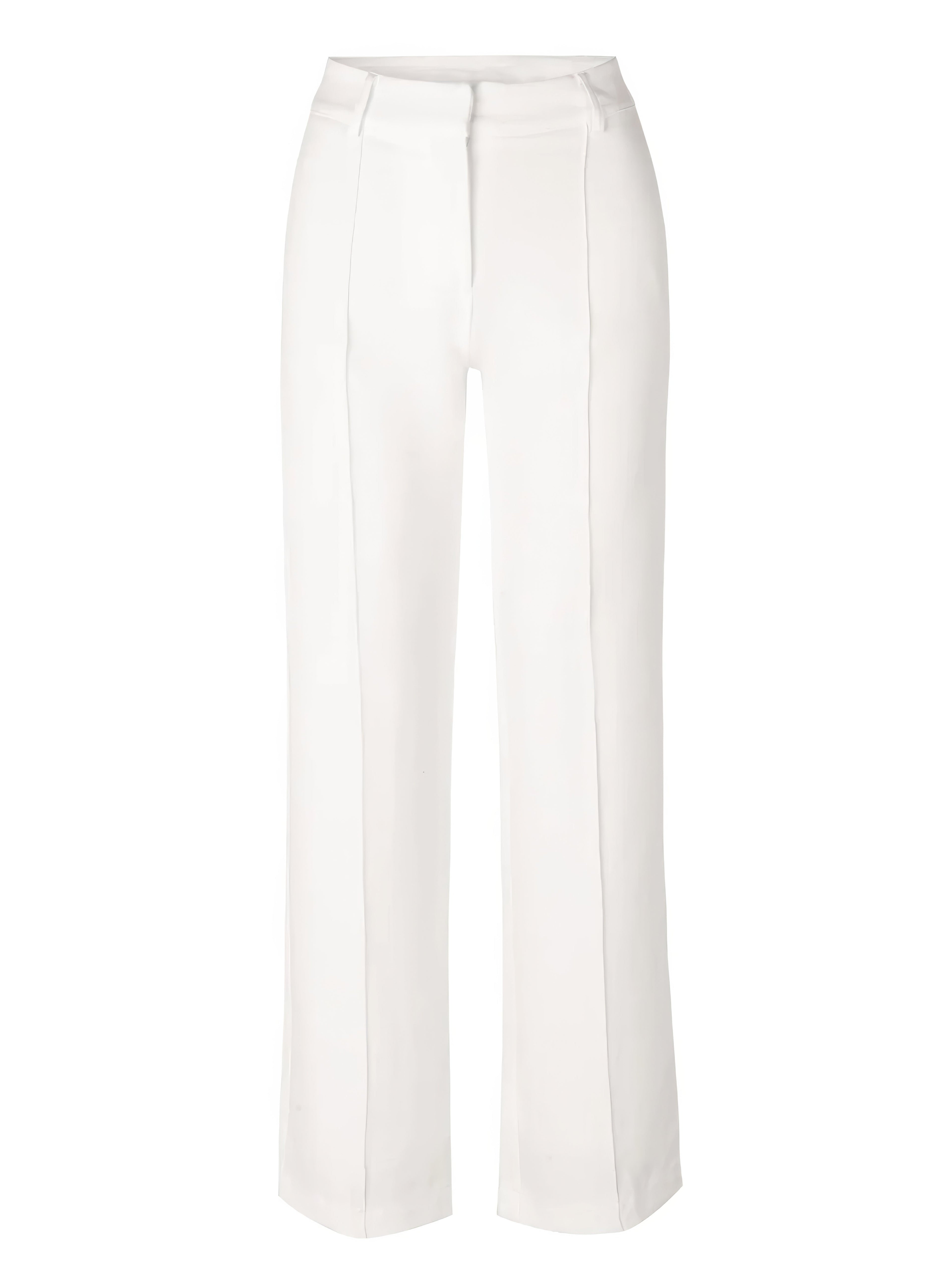 White trousers with a plain waistband and wide full-length legs.