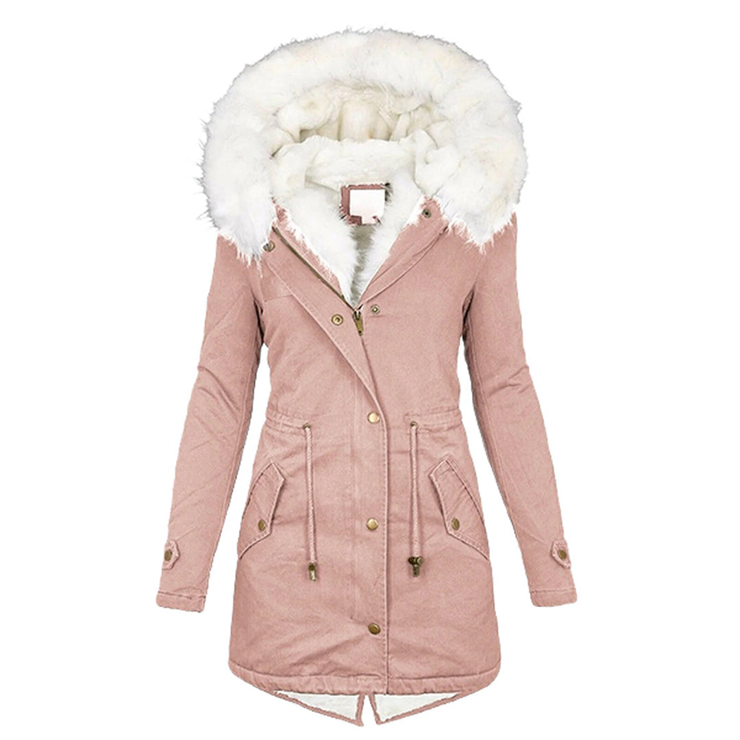 Pink hooded jacket with a drawstring waist and button front.