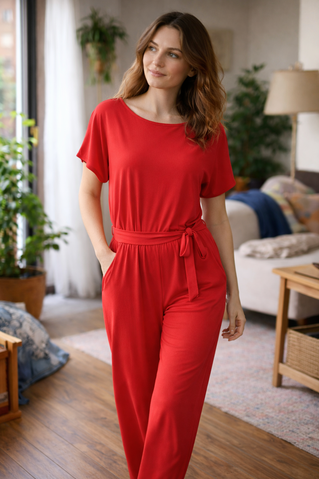 Front view of a red wide-leg jumpsuit with short sleeves, photographed beside a sofa.