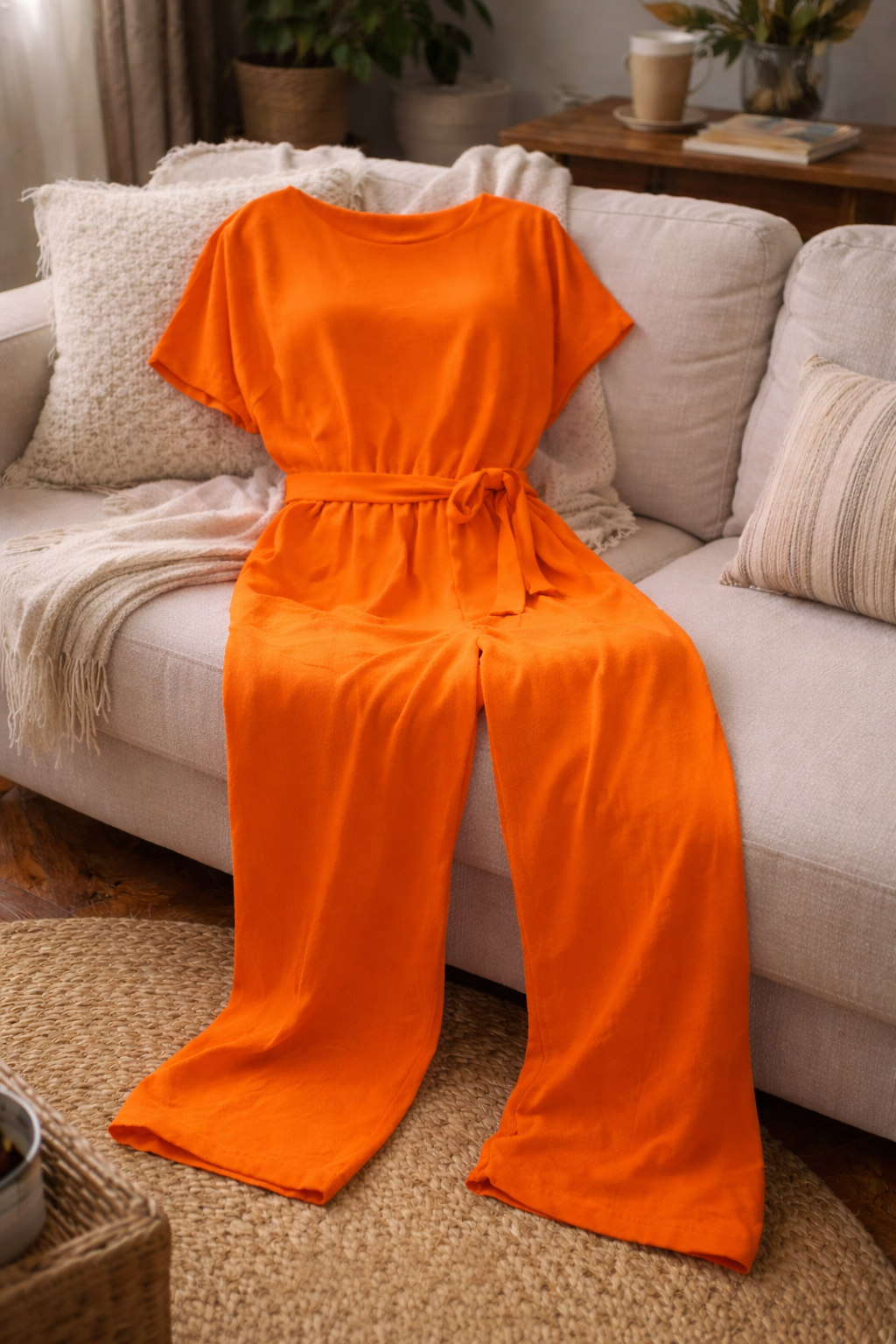 Orange jumpsuit with a round neck and gathered tie waist, displayed indoors.
