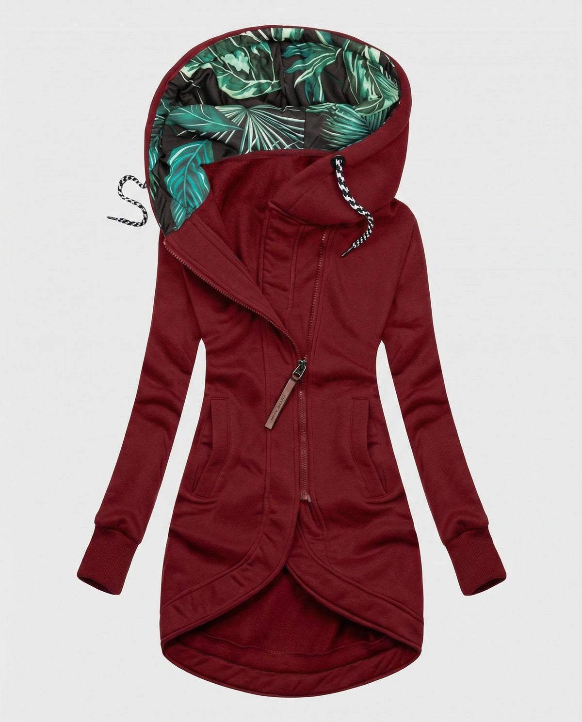 Wine-red coat displayed flat with a diagonal zip and leaf-print hood lining.