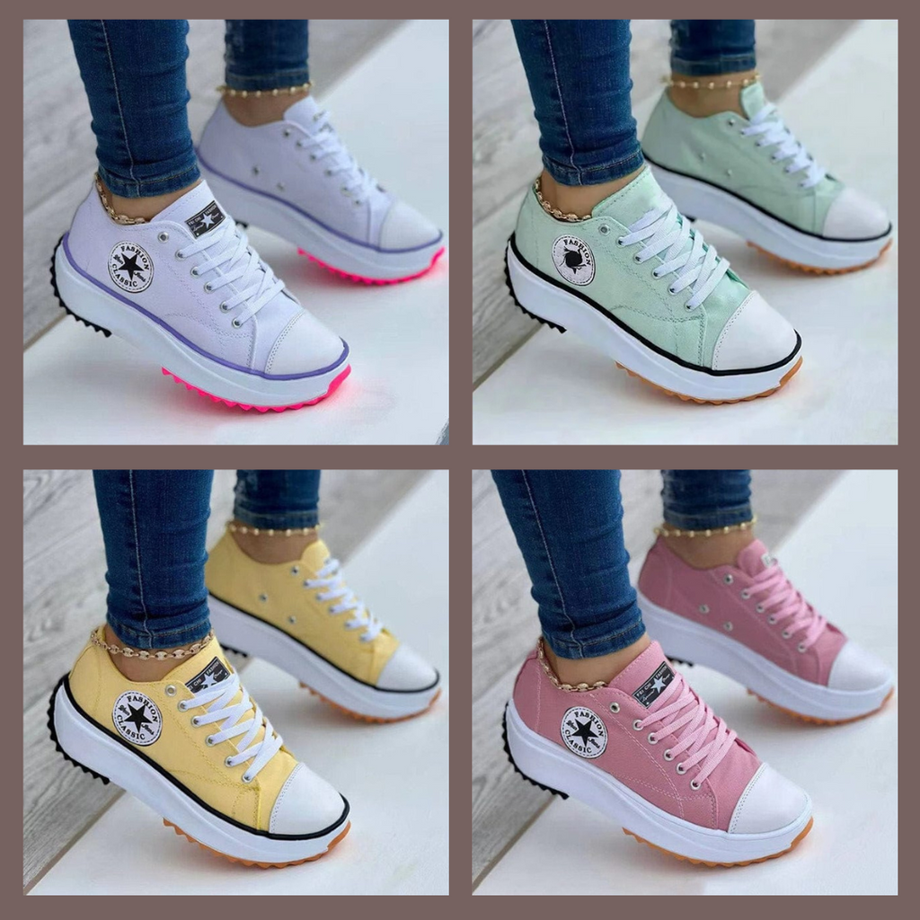 Collage of white, green, yellow and pink star-patch trainers.