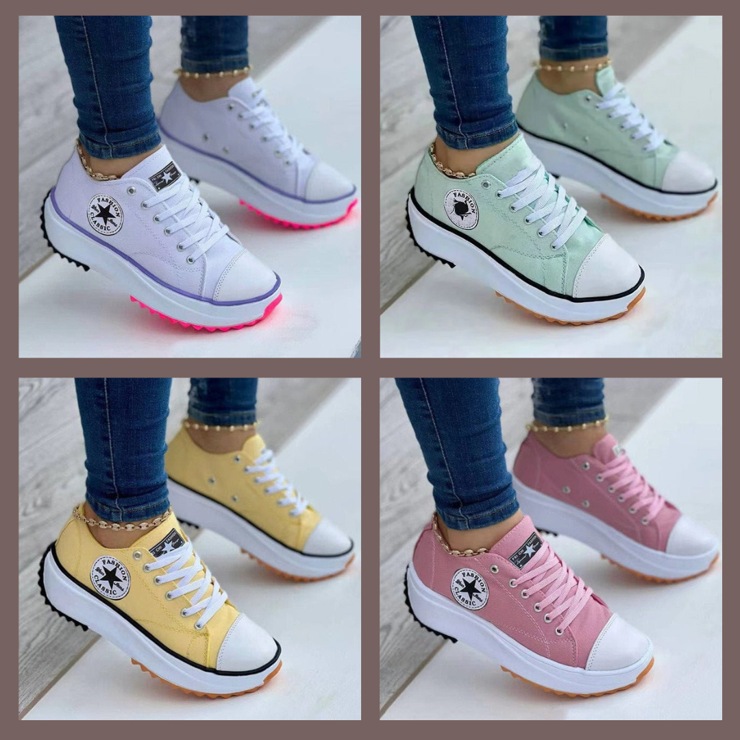 Collage of white, green, yellow and pink star-patch trainers.