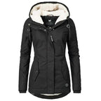Black hooded coat with pale lining and a front zip flap.