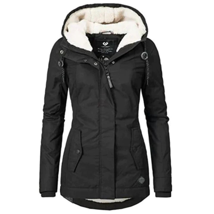 Black hooded coat with pale lining and a front zip flap.