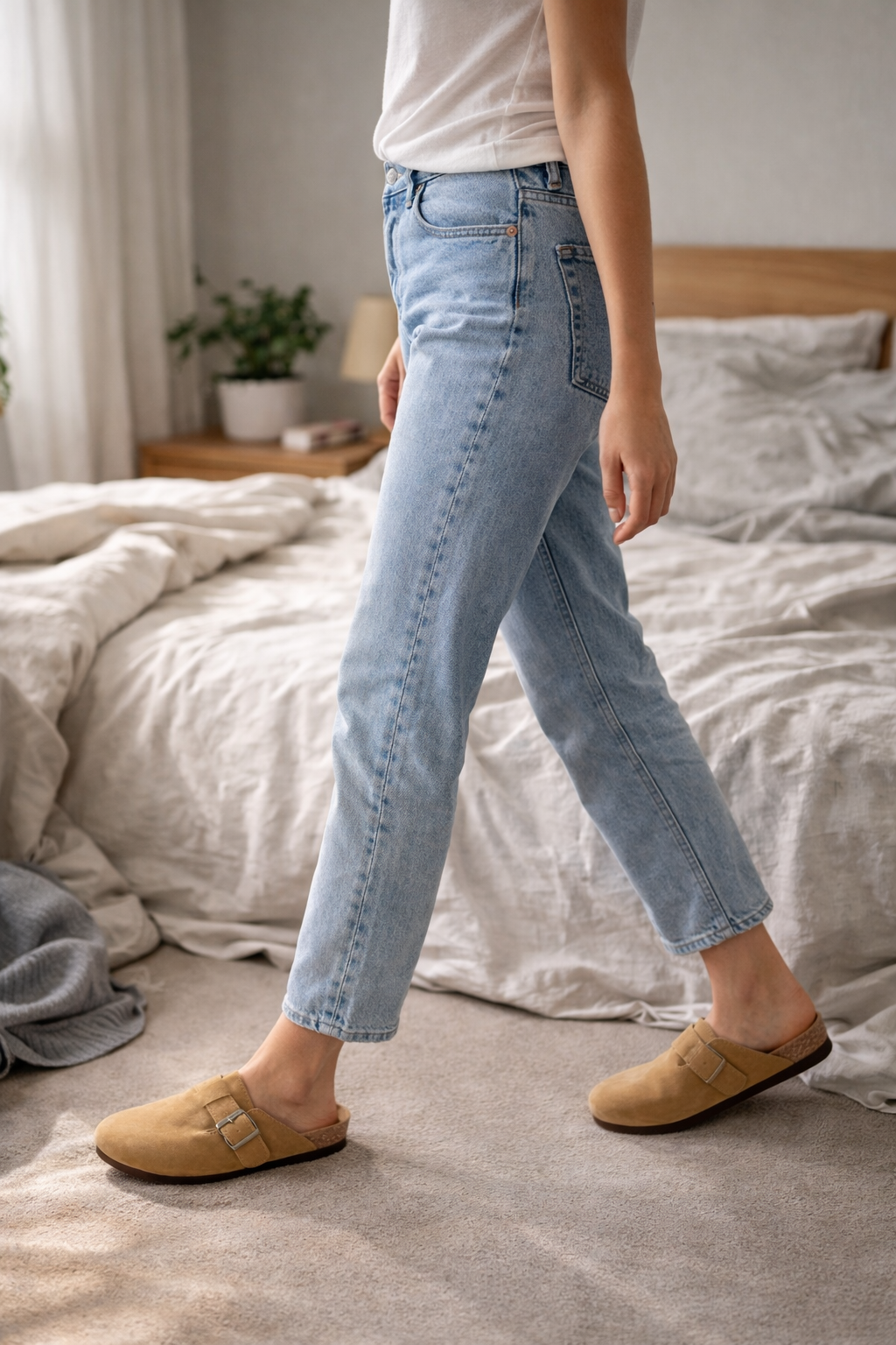 Beige buckle clogs worn with cropped jeans while walking indoors.