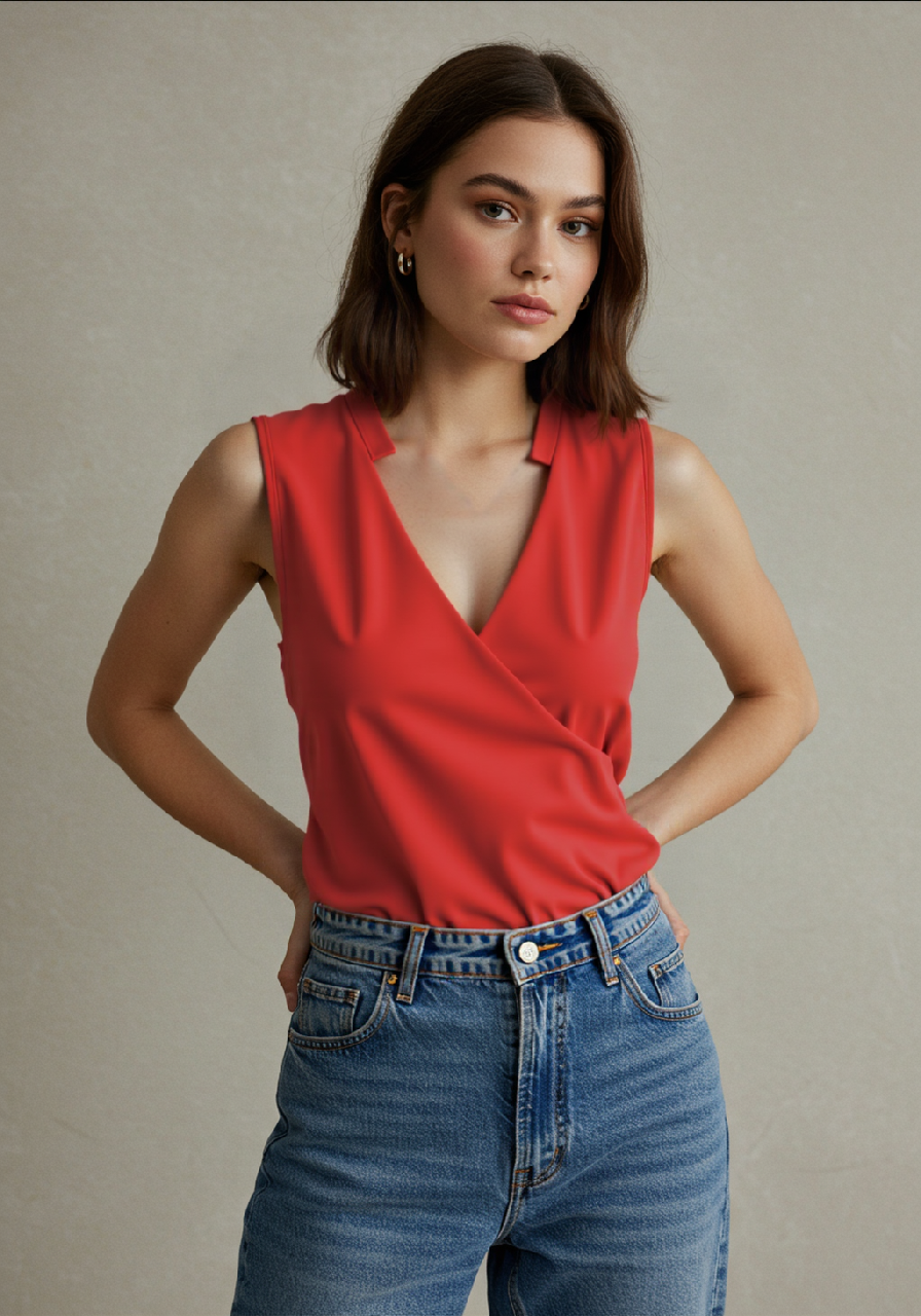 Red sleeveless crossover top worn with jeans.