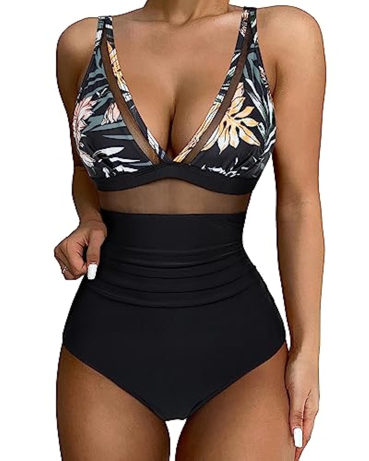 Black swimsuit with a floral bust panel and sheer waist insert.