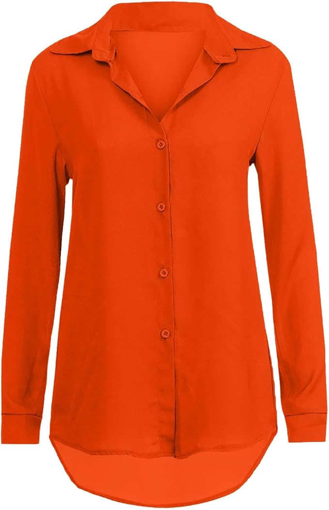 Front view of the red-orange button-front blouse.